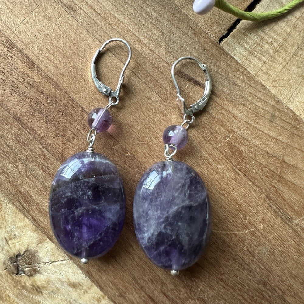 VTG Lucas Lameth Dangle Earrings 1.625 Inch Amethyst Quartz 925 Sterling 13.4g‎